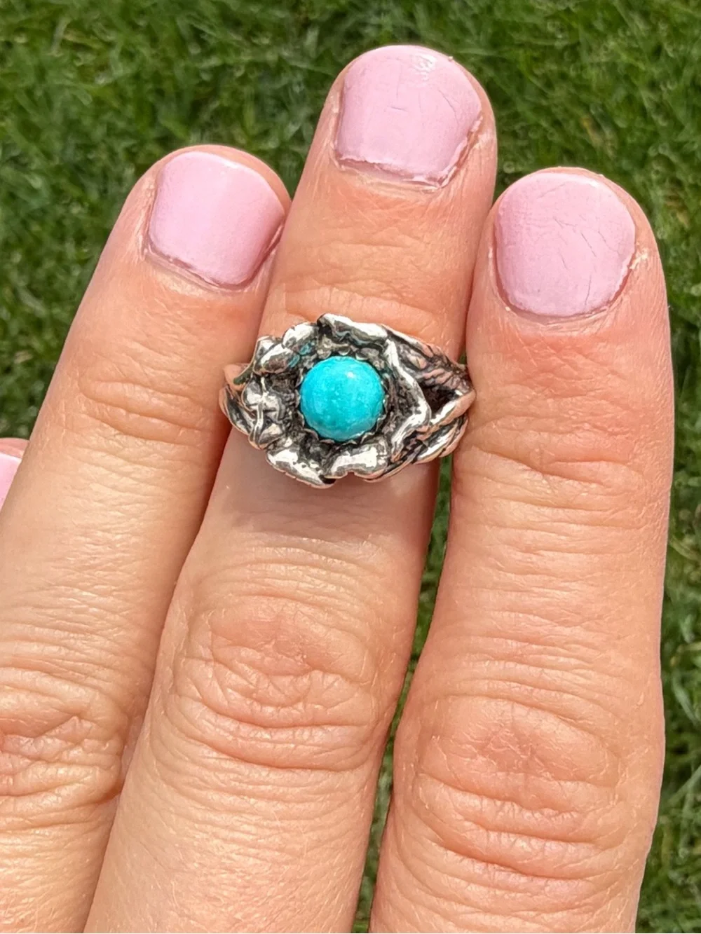 Vintage Gorgeous Turquoise Rose Sterling Silver Ring - Women Jewelry - Size 5